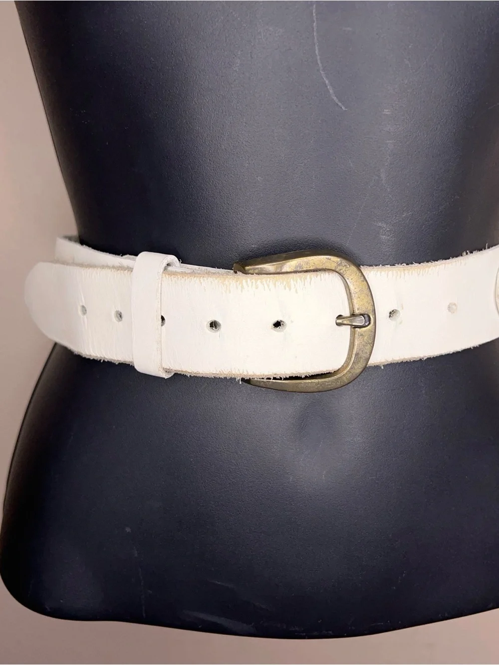 Vintage Small White Leather Belt X Design Western 32 Inch Length Womens Brass
